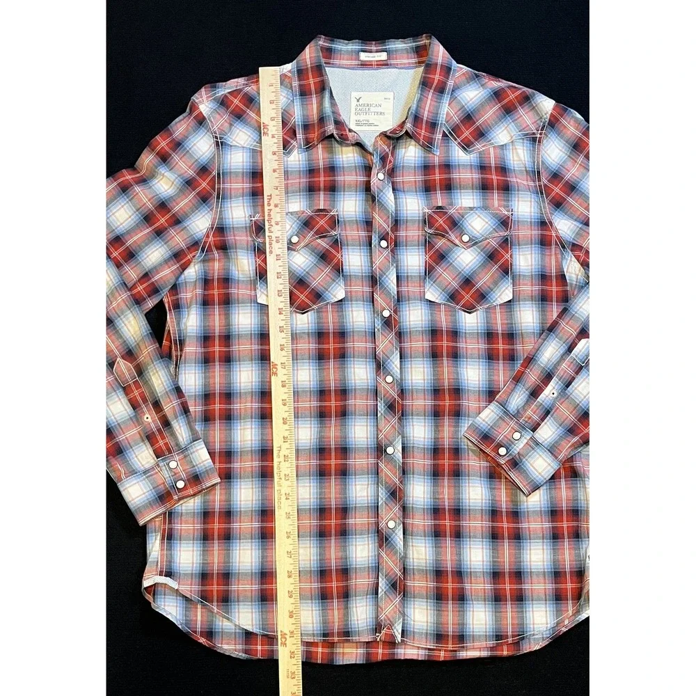 American‎ Eagle Outfitters Shirt Mens 2XL Red Plaid Western Pearl Snap Sleeve